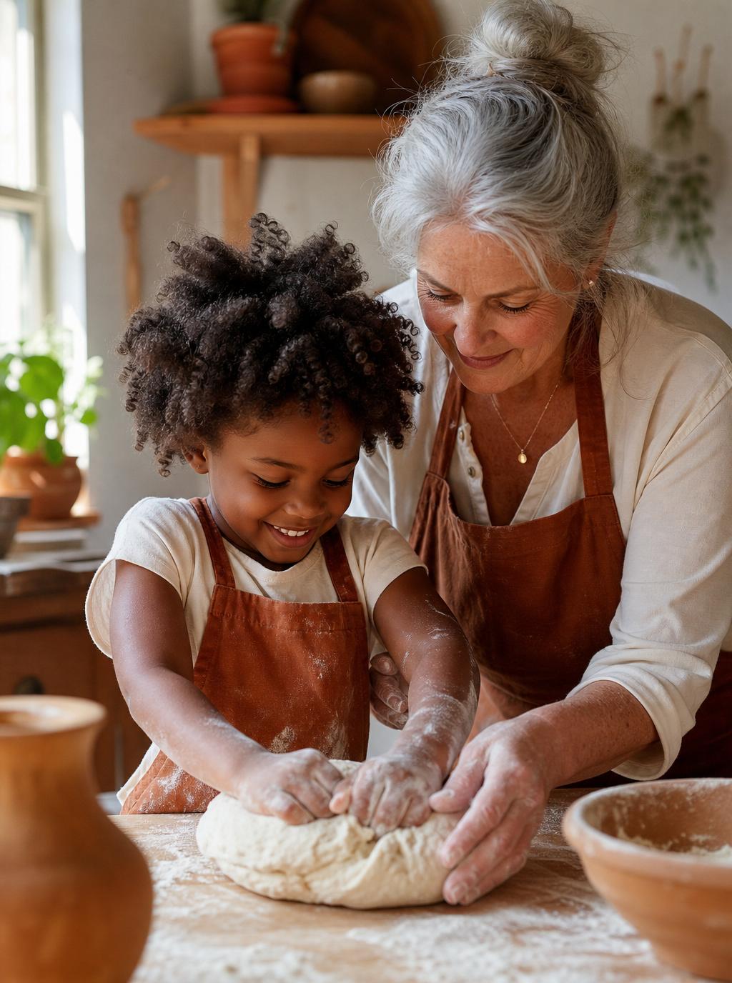 An older white woman guide and a Black child baking bread together in a bright sunlit kitchen