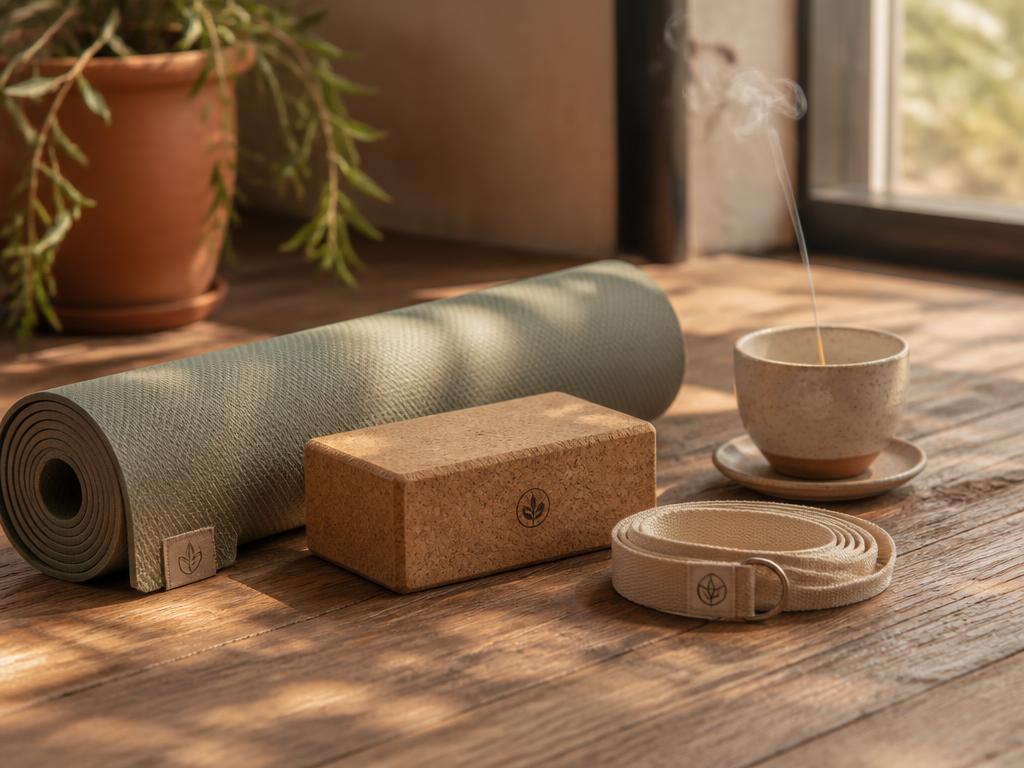 A rolled yoga mat, cork block, linen strap, and incense bowl in morning light