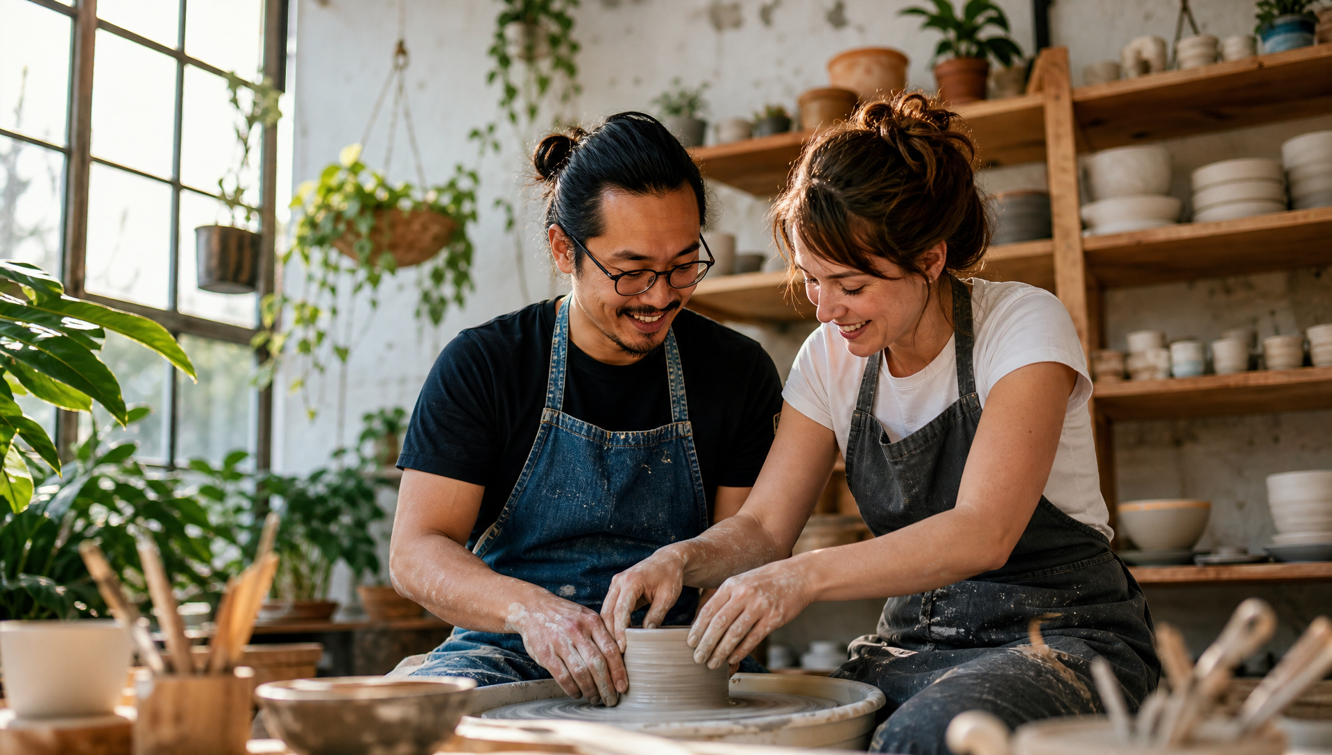 An Asian man and a white woman shaping clay together at a pottery wheel in a bright sunlit studio