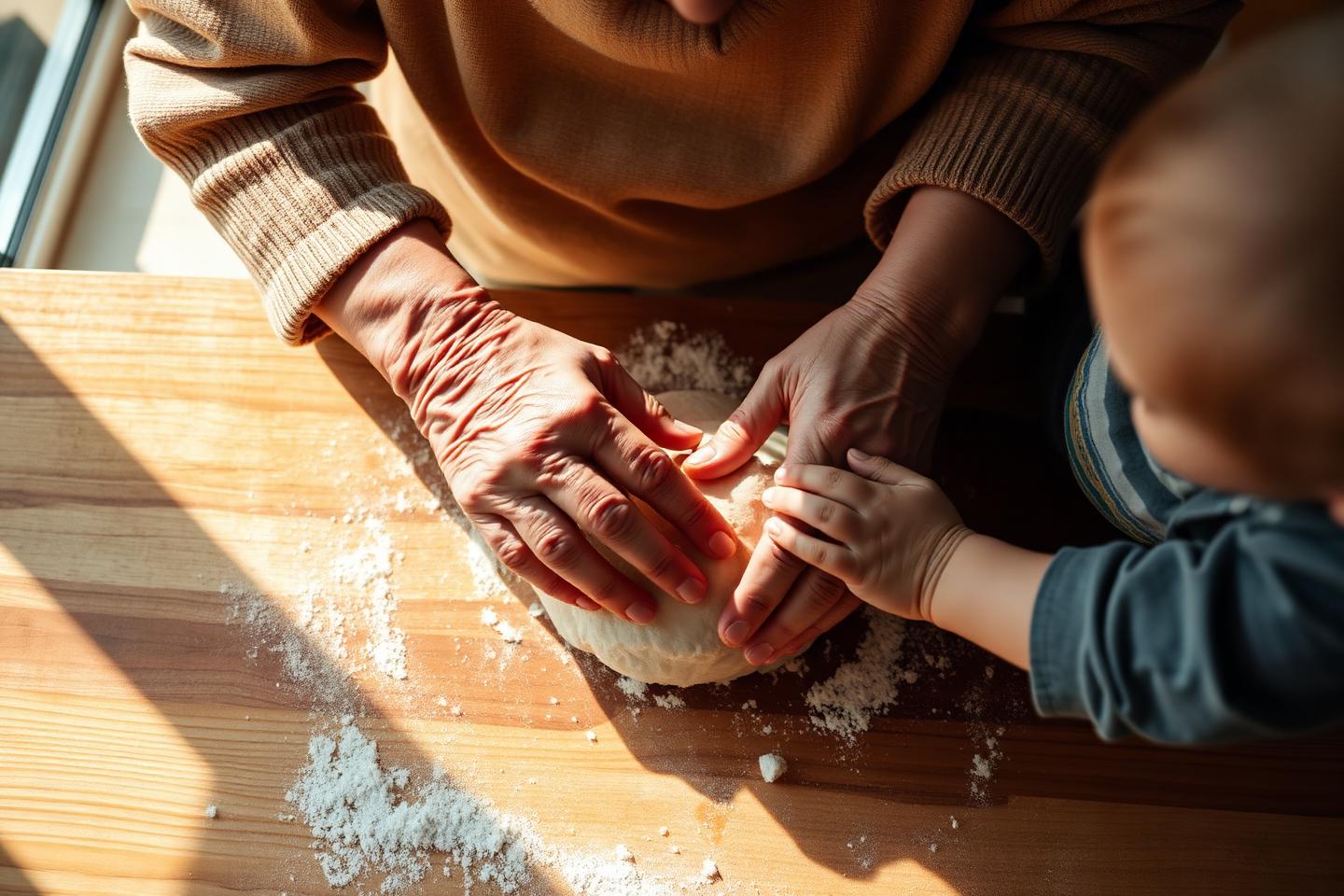 An older adult's hands guiding a child's hands while kneading bread dough
