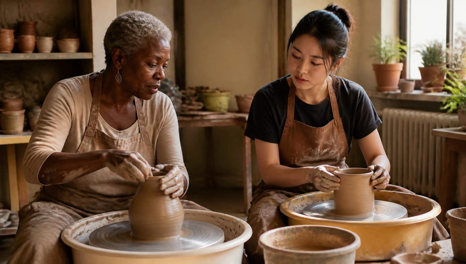 An older Black woman potter and a young Asian adult learner shaping clay side by side at adjacent pottery wheels in a sunlit studio