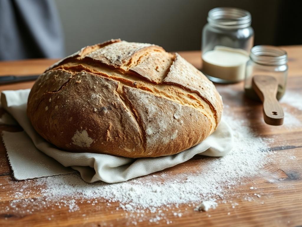 A crusty sourdough loaf on a flour-dusted linen cloth